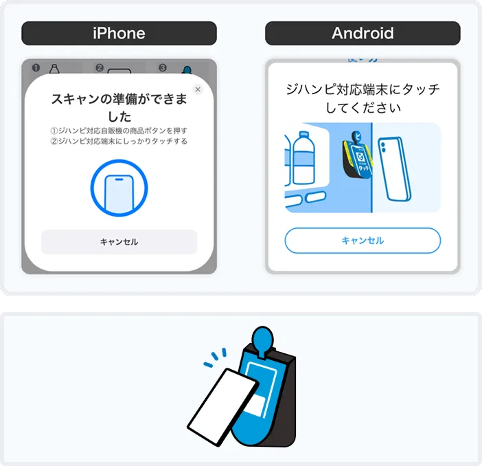 以下が表示されたら、ジハンピ対応端末にスマートフォンの背面（カメラ側）でタッチする